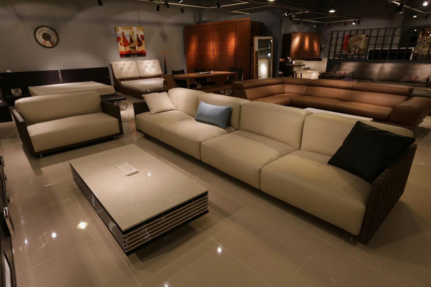 Modern living room with plush sofa and elegant lighting